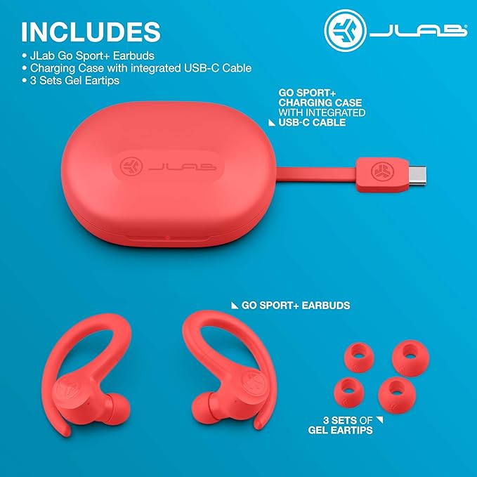JLab Go Air Sport+ Wireless Workout Earbuds Featuring C3 Clear Calling, Secure Earhook Sport Design, 35+ Hour Bluetooth Playtime, and 3 EQ Sound Settings (Coral)-StrideForce Fitness