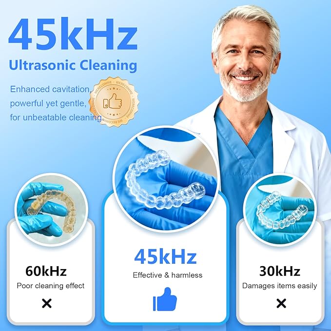 Dental Ultrasonic Retainer Cleaner Machine - Dental Cleaning Pod for Denture, Mouth Guard, Aligner, Night Guard, Braces, Toothbrush Heads, Jewelry, 45kHz Sonic Cleaner with Digital Timer & 200ML