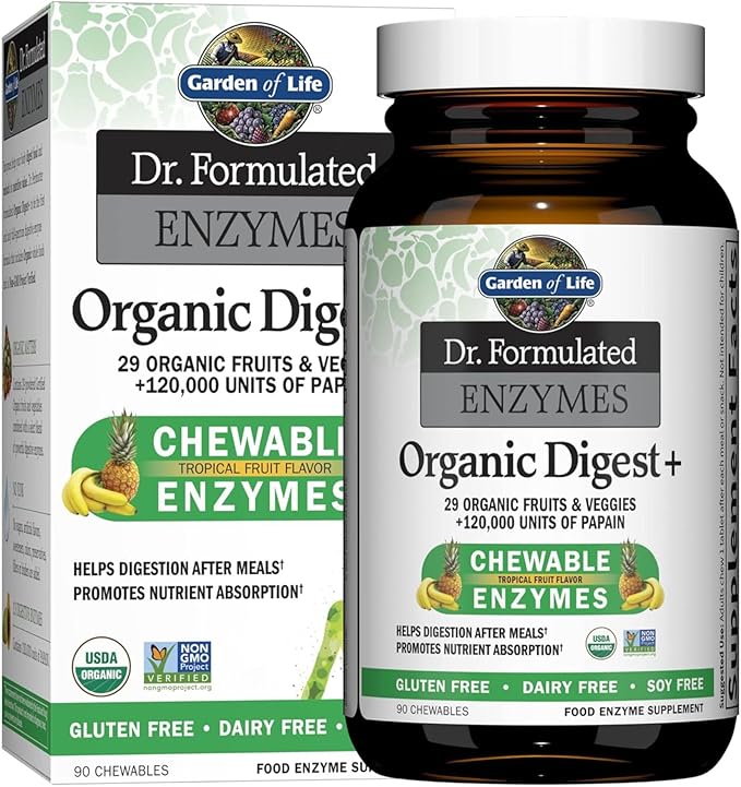 Garden of Life Dr Formulated Digestive Enzymes with Papain, Bromelain, Lipase for Digestion & Nutrient Absorption – Organic Digest+ - Vegan, Gluten-Free, Non-GMO, Tropical Fruit Flavor, 90 Chewables-StrideForce Fitness