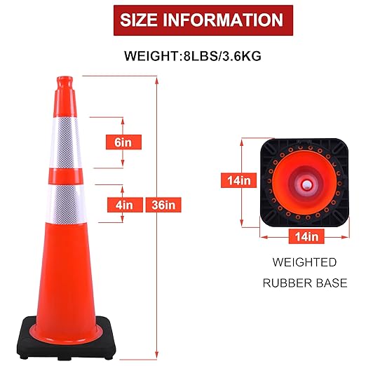 OrangeStar 6 Pack 36" Traffic Cones with Weighted Rubber Base, 2 Reflective Collars, Large Safety Cones for Parking Lot, Road Construction, Warehouse, Highway, Weatherproof PVC-StrideForce Fitness