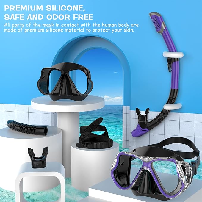 Greatever Dry Snorkel Set,Panoramic Wide View,Anti-Fog Scuba Diving Mask,Professional Snorkeling Gear-StrideForce Fitness
