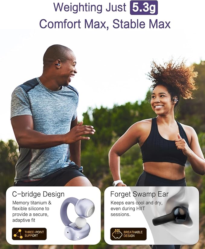 A50 Clip on Earbuds, Bluetooth 6.0 Wireless Open Ear Headphones w/5.3g Weightless Comfort,48H Playtime,3D Soundstage,Clear Call Mics,IPX5,Multipoint Connection,Fit for Workout Running Black-StrideForce Fitness
