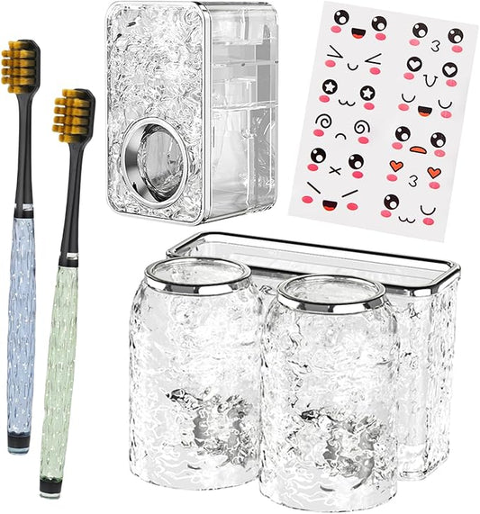 Toothbrush Holders Combo Set for Bathroom，2 Cups Toothbrush Holder Wall Mounted with Organizer，Gift 2 Count Ultra Fine Soft Bristle Crystal Tooth Brush and Wall Mounted Toothpaste Squeezer