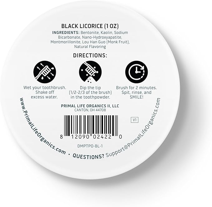 Primal Life Organics - Dirty Mouth Toothpowder, Tooth Cleaning Powder, Flavored Essential Oils with Natural Kaolin & Bentonite Clay, Good for 200+ Brushings, Organic, Vegan (Black Licorice, 1 oz)