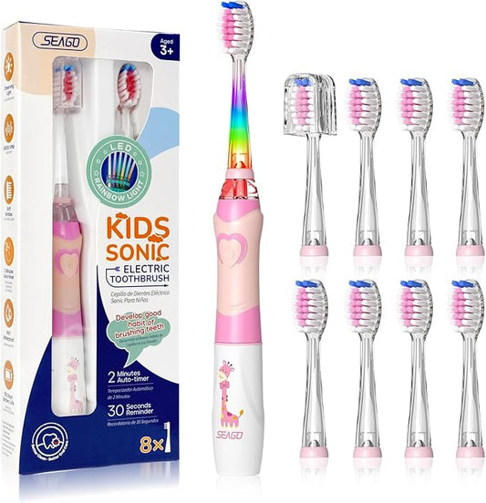 SEAGO Kids Electric Toothbrush with 2 Mins Brushing Timer and 8 Replacement Bursh Heads,Rainbow LED Light Make Brushing Fun, Pink Color Girls Battery Powerd Toothbrush for 4-12 Years Old