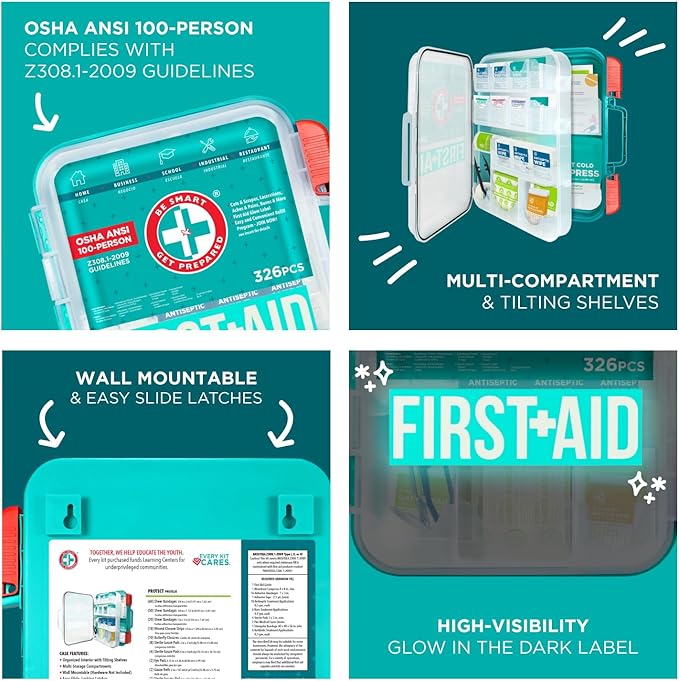 Be Smart Get Prepared First Aid Kit, Teal, 326 Piece, Exceeds OSHA and ANSI Guidelines 100 People - Office, Home, Car, School, Emergency, Survival, Camping, Hunting and Sports-StrideForce Fitness