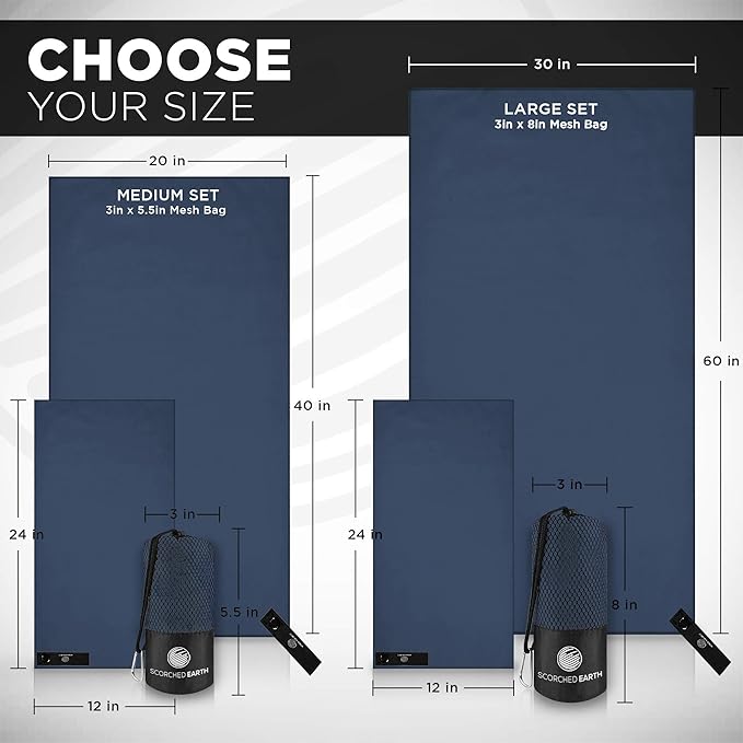 ScorchedEarth Microfiber Travel & Sports Towel Set - Quick Dry, Super Absorbent, Compact, Lightweight - for Camping, Backpacking, Hiking, Beach, Yoga, Swimming - Includes 2 Sizes + Carrying Bag & Clip-StrideForce Fitness