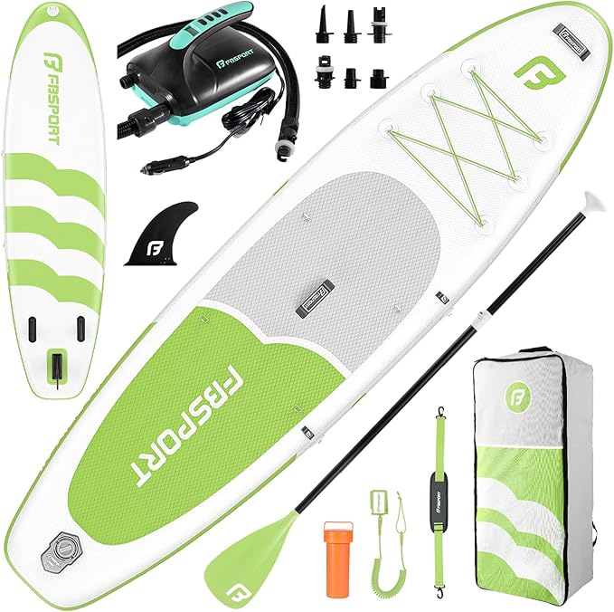 FBSPORT 11FT Premium Inflatable Stand Up Paddle Board with Electric Pump, Yoga Board with SUP Accessories & Carry Bag | Wide Stance, Surf Control, Non-Slip Deck, Leash and Paddle for Youth & Adult-StrideForce Fitness