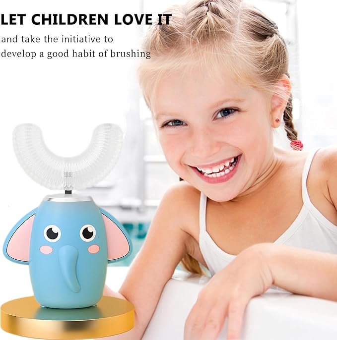 SNOWROSE Kids Electric Toothbrush U-Shaped Ultrasonic IPX7 Waterproof Design with 2 Brush Head 3 Modes, 360° Full Mouth Cleaning Automatic Children Toothbrush for 2-12 Years Old (Blue, 2-12 Age)