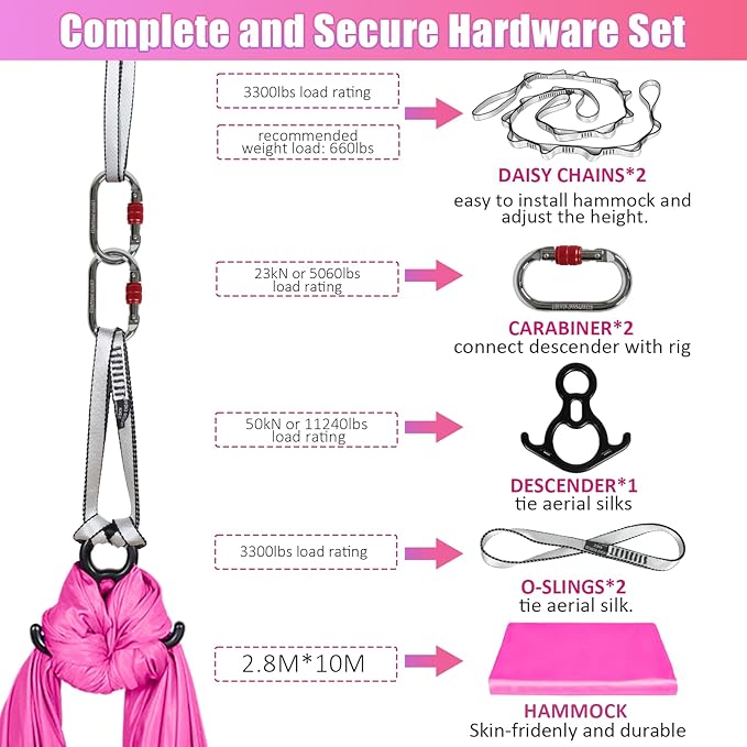 Aerial Silks Kit & Aerial Yoga Hammock - 11Yd Premium Fabric Hardware - Easy Setup for Flying Yoga, Aerial Swing & Fitness - Supports Up to 14ft Rigging-StrideForce Fitness