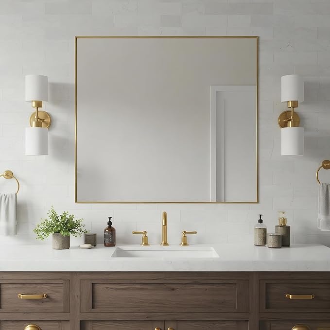 30x36 Inch Brass Bathroom Mirror for Wall, Aluminum Frame Rectangle Rectangular Vanity Mirror, Modern Large for Bedroom, Living Room, Horizontal or Vertical-StrideForce Fitness