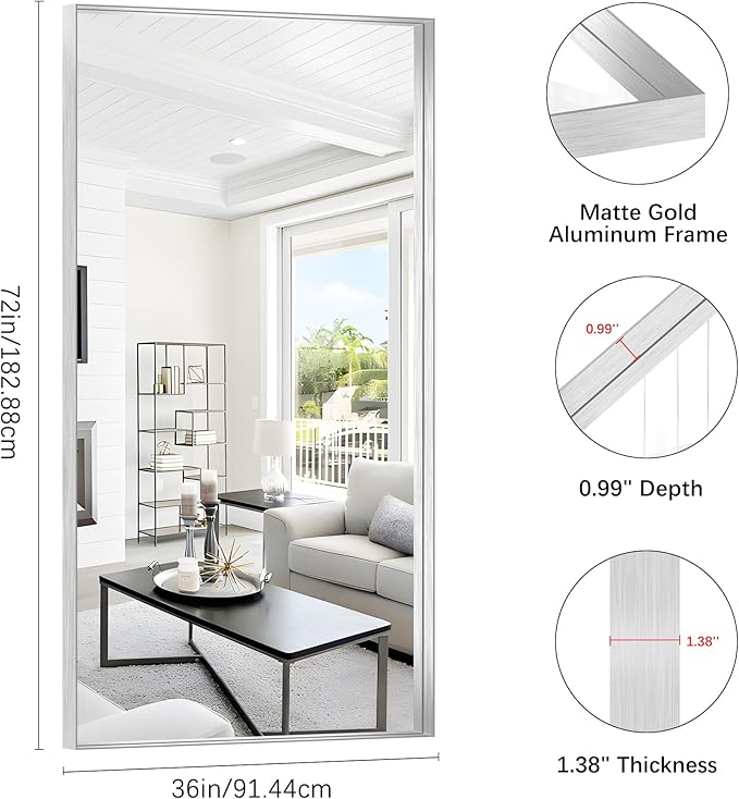 Silver Bathroom Mirror, 72x36 Inch Rectangular Framed Mirror, Large Wall Mounted Bathroom Vanity Mirror Over Sink for Bedroom,Restroom, Living Room, Hangs Vertically or Horizontally-StrideForce Fitness