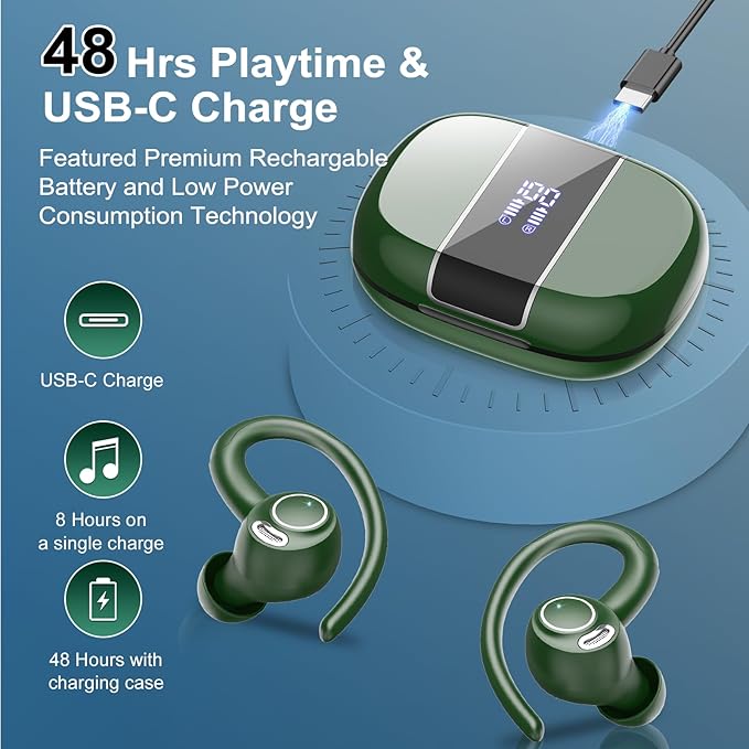 Wireless Earbuds Bluetooth 5.3 Headphones Sports, 48Hrs Playtime Bluetooth Earbuds with CVC 8.0 Mic, Stereo Bass Over Ear Bud with Earhooks, LED Display, IP7 Waterproof Earphon for Running Green-StrideForce Fitness