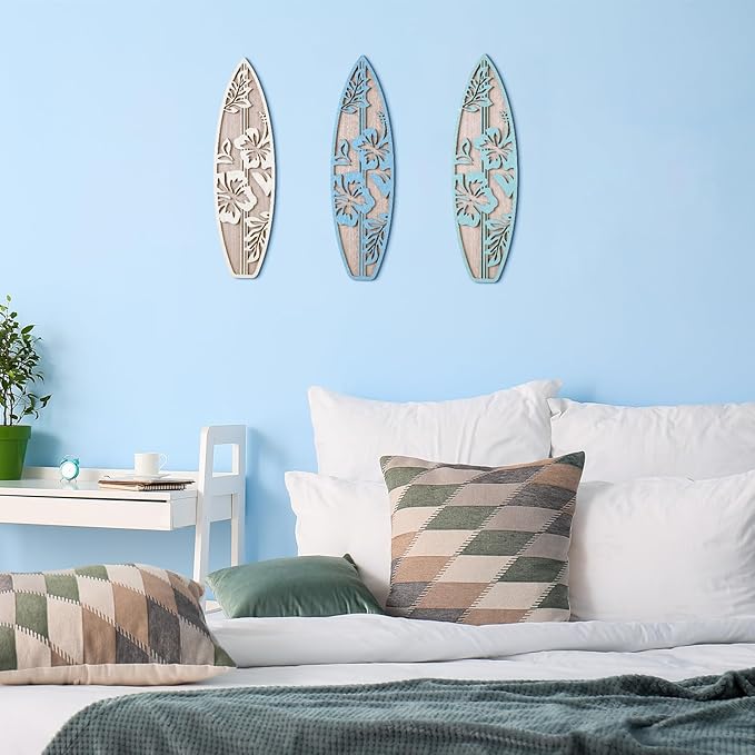 RattanView 3 Pieces Hibiscus Surfboard Decor for Bedroom Wooden Beach Wall Decor Summer Wood Surfboard Wall Hanging Sign for Tropical Living Room Decoration (Blue)-StrideForce Fitness