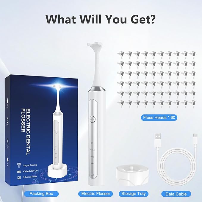 Electric Flosser, 3 in 1 Electric Teeth Flosser for Teeth, 4 Speeds+60 Reusable Non-Toxic Replacement Heads, Tongue Scraper & Gum Stimulator, Ultrasonic Power Flossing for Adults & Kids