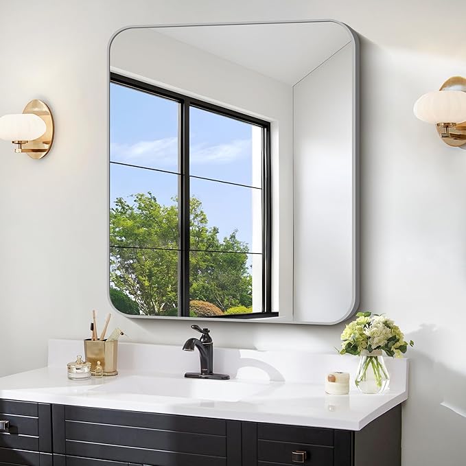 FORBATH 30x36 Inch Silver Bathroom Mirror for Over Sink, Large Rectangular Wall Mirror with Metal Frame, Rounded Corners for Bathroom, Bedroom, Entryway Decor (Horizontal or Vertical)-StrideForce Fitness