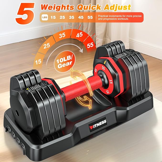 XDDIAS Adjustable Dumbbell Set of 2, 25/55/80LB Dumbbell Set-1Sec Adjustable Weights-5/10 in 1 Free Weights Dumbbells Set with Effortless Tray/No-Slip Handle-Compact Size for Women/Men at Home Gym-StrideForce Fitness