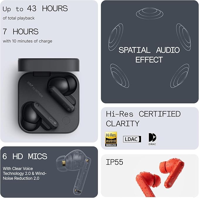 CMF Buds Pro 2 Wireless Earbuds with Smart Dial, 50dB Hybrid Noise Cancelling Earbuds Wireless Bluetooth 5.3, 11mm Bass with LDAC, 6 Hi-Res Audio Mics, 43H Playtime, Fast Charging Case, Dark Grey-StrideForce Fitness