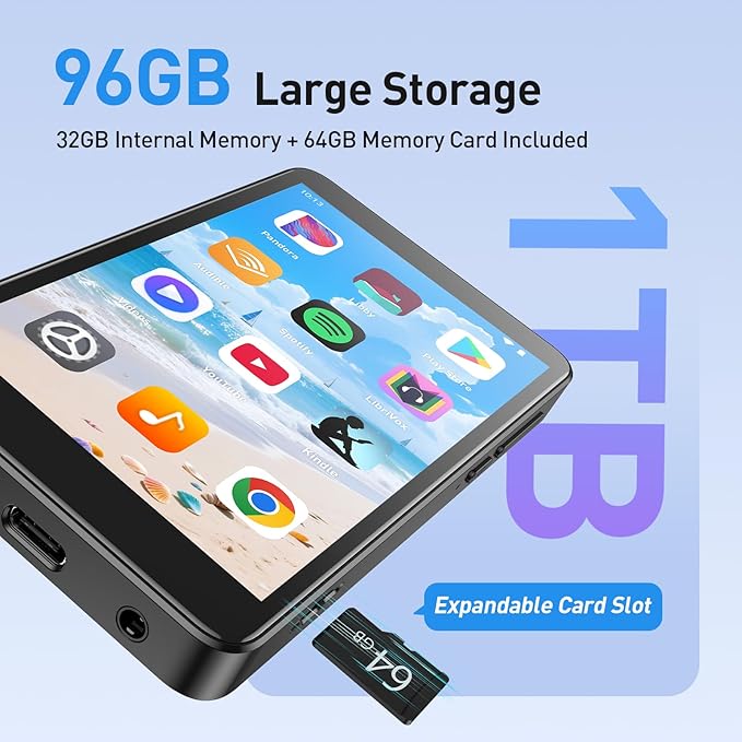 AGPTEK 96GB MP3 Player with Bluetooth and WiFi, T08X 4'' Android 14 MP4 Music Player with Spotify, Audible, APP Store, Up to 1TB, Black-StrideForce Fitness