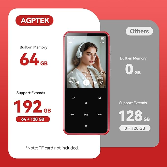 AGPTEK 64GB MP3 Player with Bluetooth, M3 2.4 inch Music Player with Speaker and FM Radio, Touch Buttons, Supports Up to 128GB (Black Red)-StrideForce Fitness