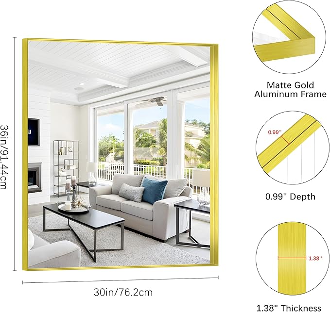 Gold Bathroom Mirror, 30x36 Inch Rectangular Framed Mirror, Large Wall Mounted Bathroom Vanity Mirror Over Sink for Bedroom,Restroom, Living Room, Hangs Vertically or Horizontally-StrideForce Fitness