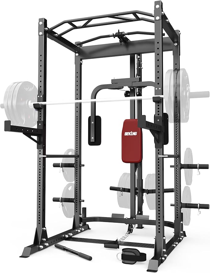 BEKING Power Cage, 2000LBS Power Squat Rack with LAT Pulldown, 2.36" ×2.36" Multi-Functional Squat Cage with Pulley System and More Training Attachments for Home Gym-StrideForce Fitness