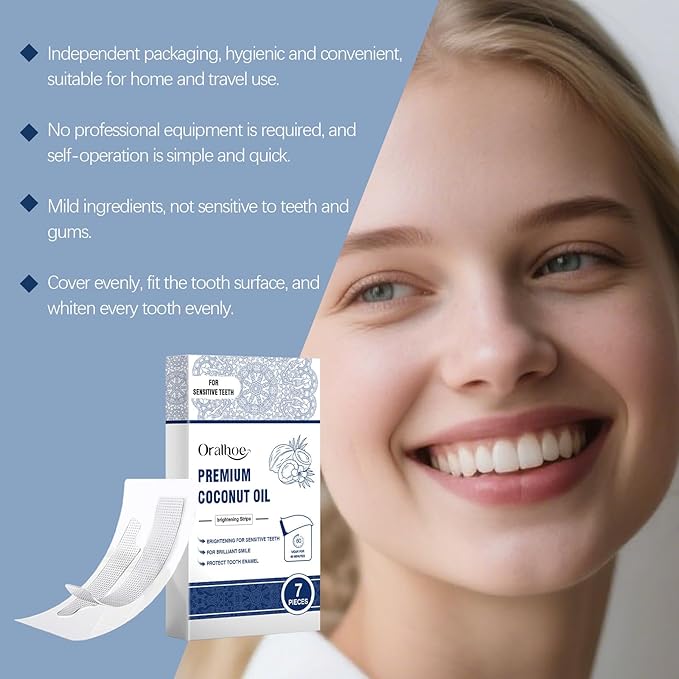 Premium Teeth Whitening Strips with Coconut Oil, Gentle Brightening Care for Sensitive Teeth, 60 Minutes Application to Enhance Your Smile, 7 Pieces