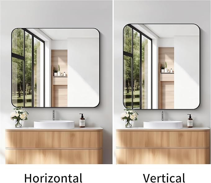 FORBATH Bathroom Mirror 36x40 Inch, Large Rectangular Wall Mirror with Black Aluminum Frame, Rounded Corners, Horizontal or Vertical Mount for Bathroom, Bedroom, Entryway-StrideForce Fitness