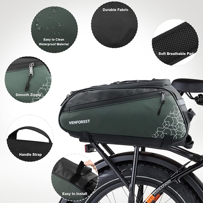 Bike Rear Rack Bag,9L PVC Waterproof Bike Trunk Bag for Road and Mountain Bikes,Bicycle Rear Seat Bag with Rain Cover Bike Saddle Bag for Cycling Trip (Brown green)-StrideForce Fitness