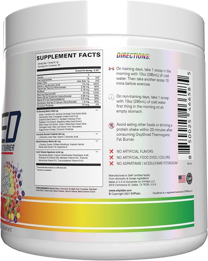 EHP Labs OxyShred Pre Workout Powder - Preworkout Powder with L Glutamine & Acetyl L Carnitine, Energy Boost Drink - Rainbow Candy, 60 Servings-StrideForce Fitness