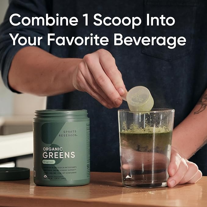 Sports Research® Organic Greens Superfood Powder w/Spirulina & Chlorella, Adaptogens, Enzymes, Probiotics & 8 VIT Bs for Gut & Mood Support* - Vegan, Sugar-Free & Low-Cal Original 20 Servings-StrideForce Fitness