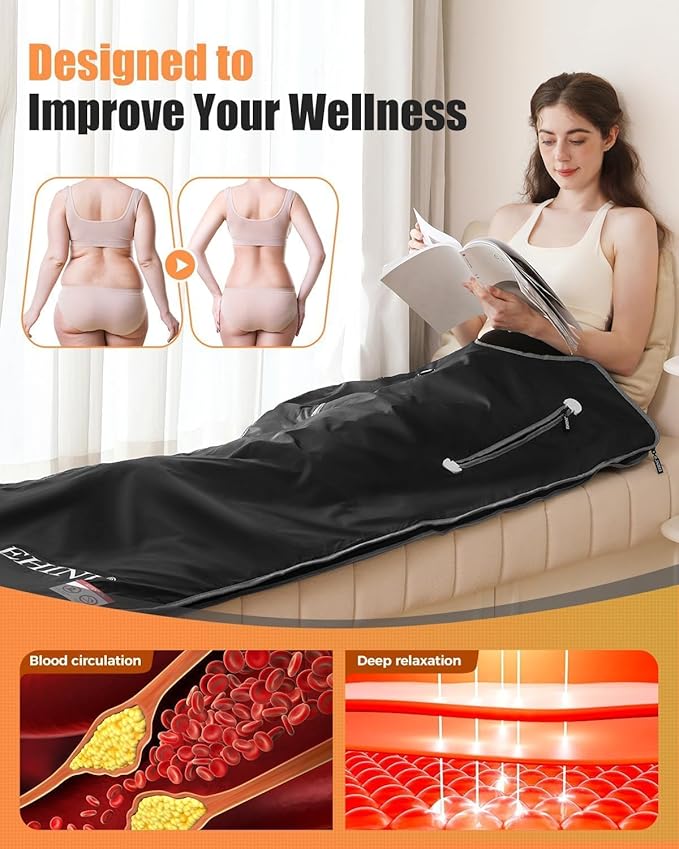 Infrared Sauna Blanket-Sauna Blanket for Home Use, Portable Design for Relaxation and Detoxification Highest 176℉, 20-60 Minutes Timer, 6 ft x 2.65 ft（Pitch-Black）-StrideForce Fitness