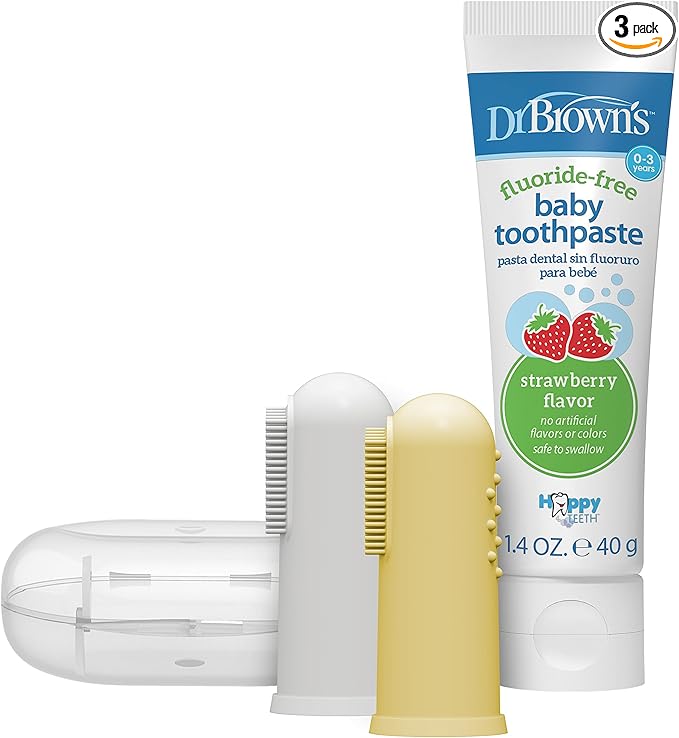 Dr. Brown's 100% Silicone Baby Finger Toothbrush and Toothpaste Set, 2-Pack Toothbrush with Storage Case, Fluoride-Free Strawberry Toddler Toothpaste, Gray & Yellow