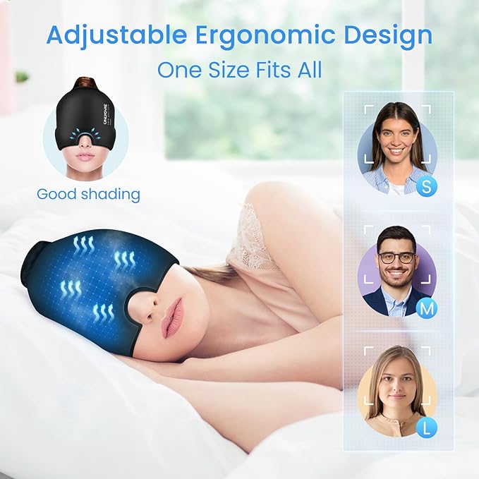 ONLYCARE Migraine Relief Cap, Upgraded Odorless Headache Relief Cap, 360° Gel Surround Ice Pack Mask for Migraine, Sinus, Stress, Frontal Headaches (Black)-StrideForce Fitness