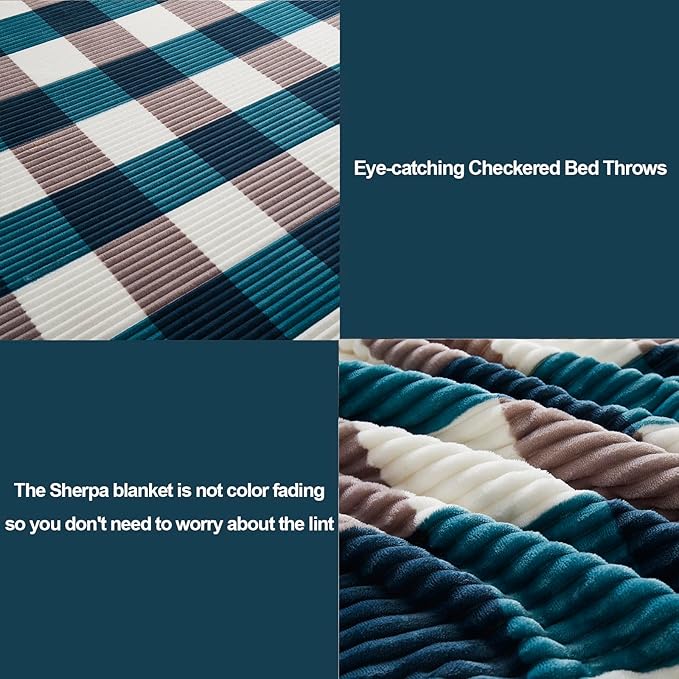 PU MEI Sherpa Blanket Twin Plaid Thick Bed Blanket, 90”*80” Super Soft Flannel Fuzzy Fleece Reversible Velvet Plush Warm Blanket for Couch (Teal Check, 80"*90")-StrideForce Fitness