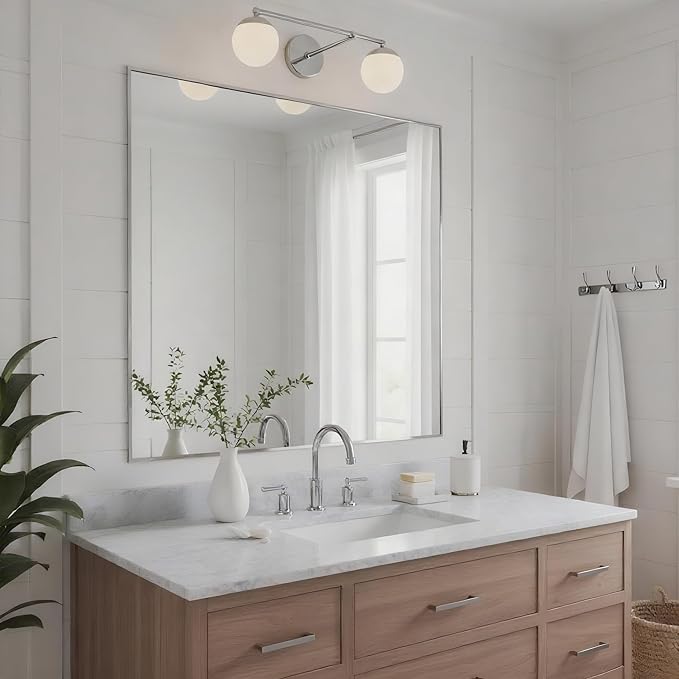 30x30 Inch Nickel Bathroom Mirror for Wall, Aluminum Frame Rectangle Rectangular Vanity Mirror, Modern Large for Bedroom, Living Room, Horizontal or Vertical-StrideForce Fitness