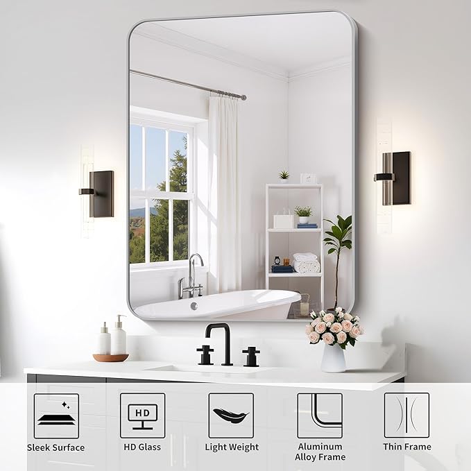 FORBATH 40x48 Inch Silver Bathroom Mirror for Over Sink, Large Rectangular Wall Mirror with Metal Frame, Rounded Corners for Bathroom, Bedroom, Entryway Decor (Horizontal or Vertical)-StrideForce Fitness