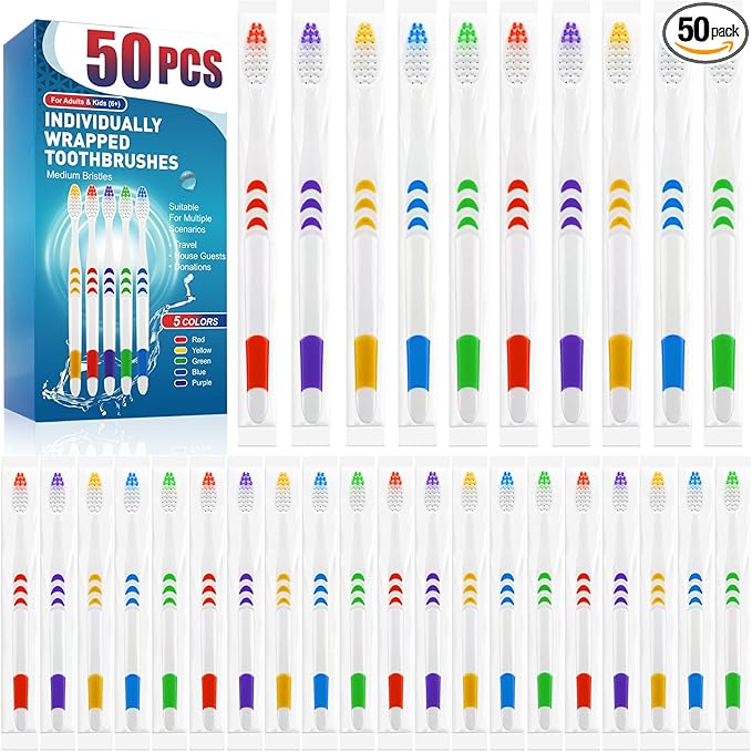 Navona 50 PCS Premium Individually Wrapped Bulk Toothbrush Pack, Disposable Toothbrushes, Kids Toothbrush, Medium Soft Bristle Toothbrushes, Ergonomics Handle, Perfect for Travel Hotel Donation