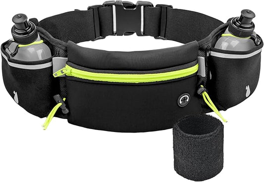 Hydration Running Belt for Women & Men with 2 Water Bottles – Water-Resistant Waist Pack & Phone Holder, No-Bounce Fit for Running, Hiking, Workouts – Bonus Sweatband, Fits All Phones-StrideForce Fitness