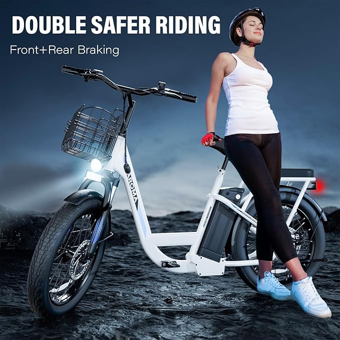 Caroma Electric Scooter with Seat, 48V Removable Battery E-Bike, Up to 30Miles&20MPH, 500/800/1200W Motor, 20" Fat Tire Adult Electric Bicycles for Commuting with Basket-StrideForce Fitness