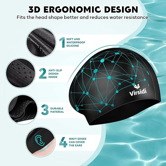 2 Pack Swim Cap for Women Men Adult, Silicone Swimming Caps for Short Long Hair, Waterproof Swim Hats Bathing Caps to Keep Hair Dry with Nose Clip and Earplugs-StrideForce Fitness
