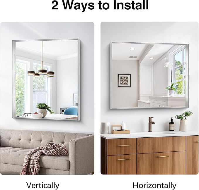 Silver Bathroom Mirror, 30x36 Inch Rectangular Framed Mirror, Large Wall Mounted Bathroom Vanity Mirror Over Sink for Bedroom,Restroom, Living Room, Hangs Vertically or Horizontally-StrideForce Fitness