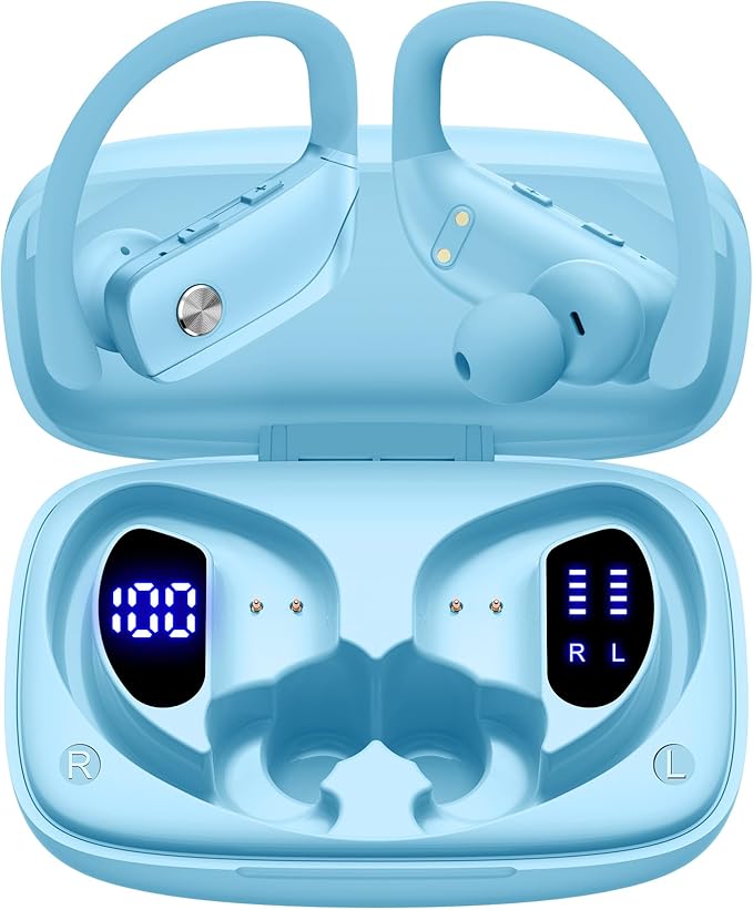 bmani Ear Buds Wireless Earbuds Bluetooth Headphones with 80H Playtime LED Display Case, Over-Ear Hook with Mic, Stereo Sound, Easy Button Controls, Sports Earphones for Running Workout Sky Blue-StrideForce Fitness