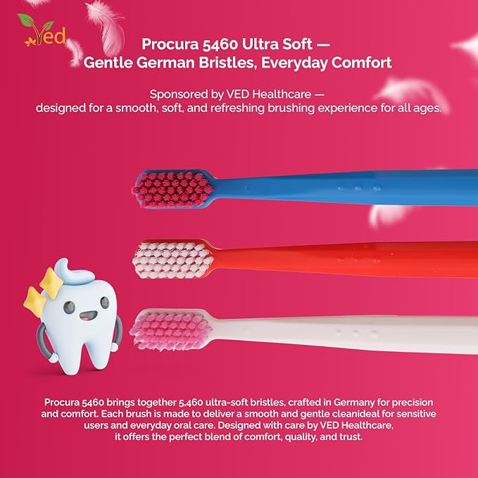 Ved ProCura Ultra Soft Toothbrush – Gentle Manual Toothbrush for Adults with 5,460 Super Soft Bristles for Sensitive Teeth and Gums, (Red+White+Dark Blue)
