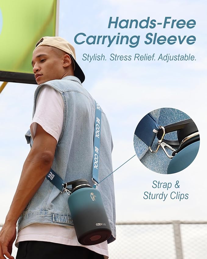 Coolflask 64 oz Water Bottle Insulated with Strap, Half Gallon Water Jug Stainless Steel with Straw & Spout Lids, Metal Large Water Flask, Keep Cold 48h Hot 24h, Leak Proof & Non-BPA, Prussian Blue-StrideForce Fitness