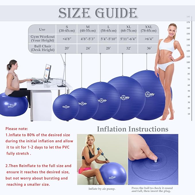 Soft Exercise ball, Anti-Burst Yoga Ball Chair Supports 2200lbs, Workout Equipment w/ Pump for Women Pregnancy, Medicine, Birthing, Physical Therapy, Stability, Excersing, Birth, Swiss, Fitness, Gym-StrideForce Fitness