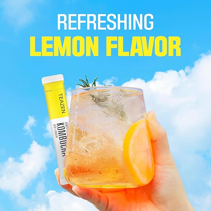 TEAZEN Lemon Kombucha Tea, Hydration Drink Mix, Sugar Free, Live Probiotics & Prebiotics, 10 Sticks, 1.76oz-StrideForce Fitness