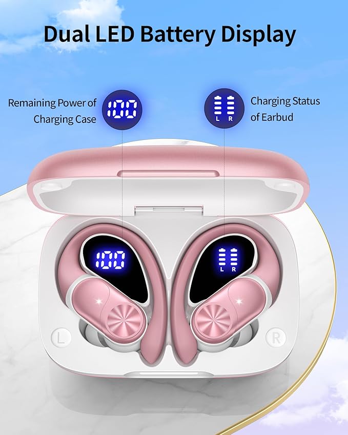 PocBuds Bluetooth Headphones Wireless Earbuds 80hrs Playtime Wireless Charging Case Digital Display Sport Ear Buds with Earhook Deep Bass IPX7 Waterproof Over-Ear Earphones for Phone Laptop Rose Gold-StrideForce Fitness