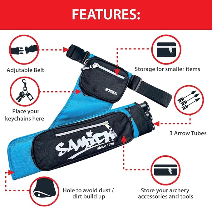 Archery Arrow Quiver - Adjustable Waist Hanged Quiver with 3 Removable Tubes & Pockets for Archery Arrows Case & Equipment - Ideal for Hunting & Target Practice - Right Handed Only-StrideForce Fitness