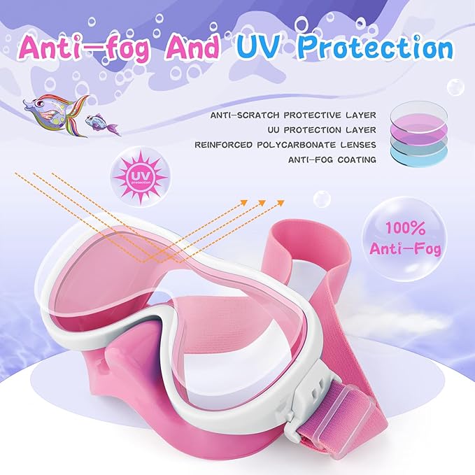 Kids Swim Goggles 180° Snorkel Diving Mask with Nose Cover, Anti-Fog Kids Swimming Goggles with Elastic Fabric Strap for Kids Boys Girls-StrideForce Fitness